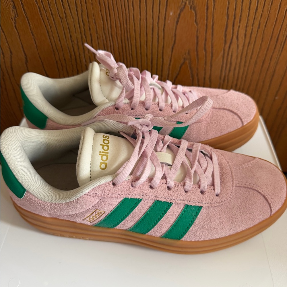 adidas Pink Suede Platform Sneakers with Green Stripes and Gum Sole - Picture 6 of 9